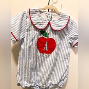 Cecil and Lou back to school Striped Baby Romper with Red Apple Patch